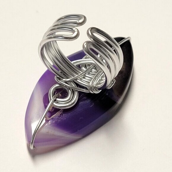 Purple Agate Ring Adjustable Band Handmade Semi Precious Ring - Picture 4 of 8